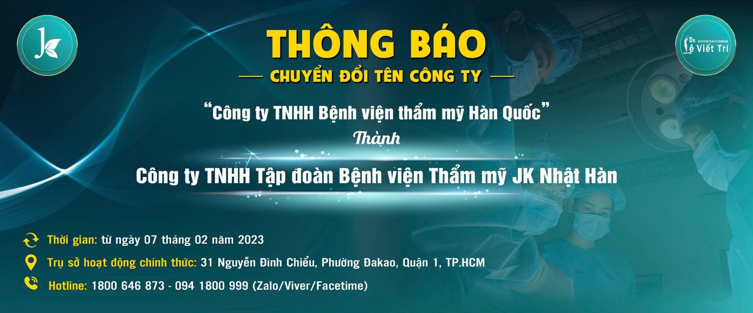 Thông báo chuyển đổi tên công ty Thẩm mỹ Hàn Quốc thành JK Nhật Hàn