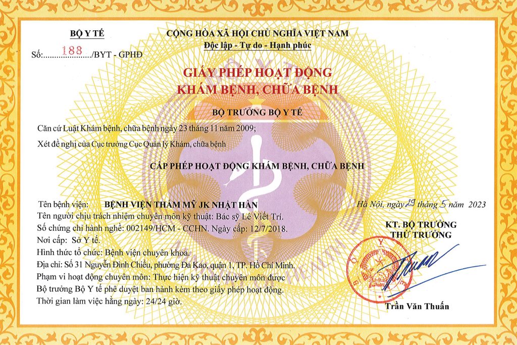 Giấy phép hoạt động khám bênh, chữa bệnh của Bệnh viện thẩm JK Nhật Hàn