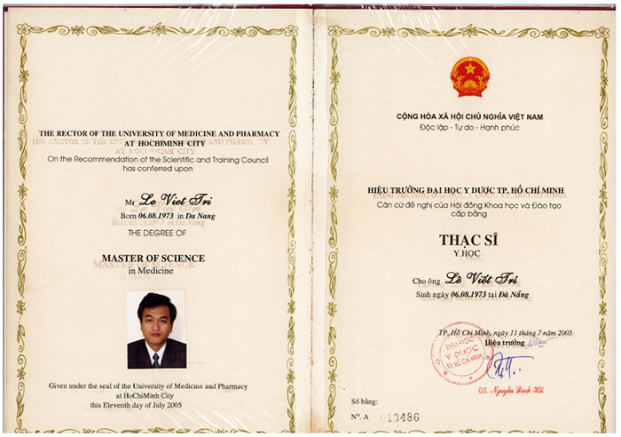 Chứng nhận thạc sĩ của bác sĩ Lê Viết Trí